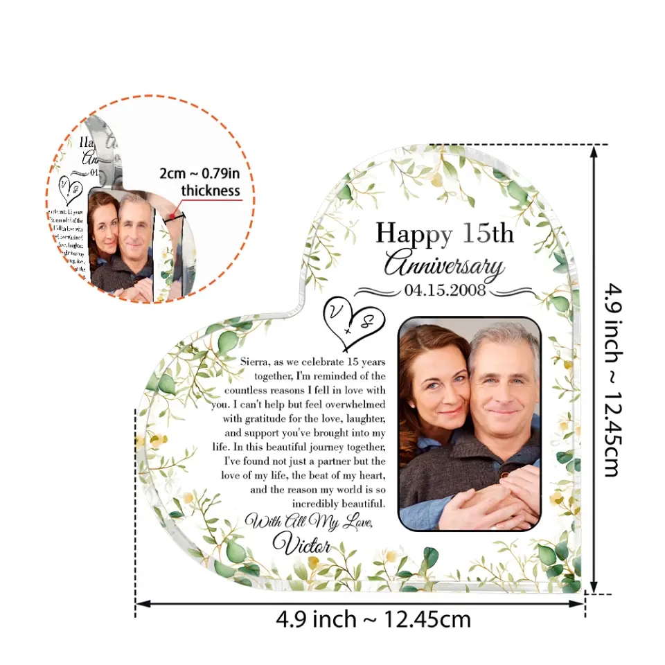 15th Anniversary Gift for Husband Wife Personalized Heart Acrylic Plaque - Image 3