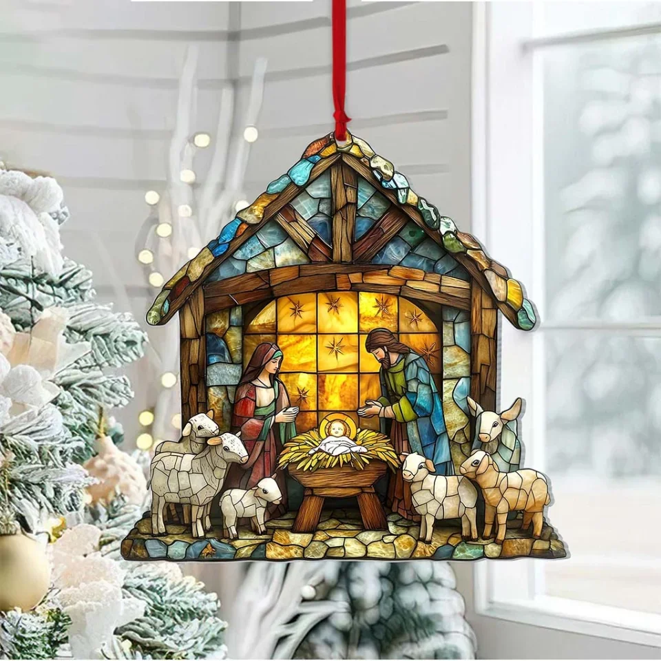 2D FLAT Faux Stained Glass Nativity Scene - Acrylic Ornament - Christmas Gift for Family, Friends