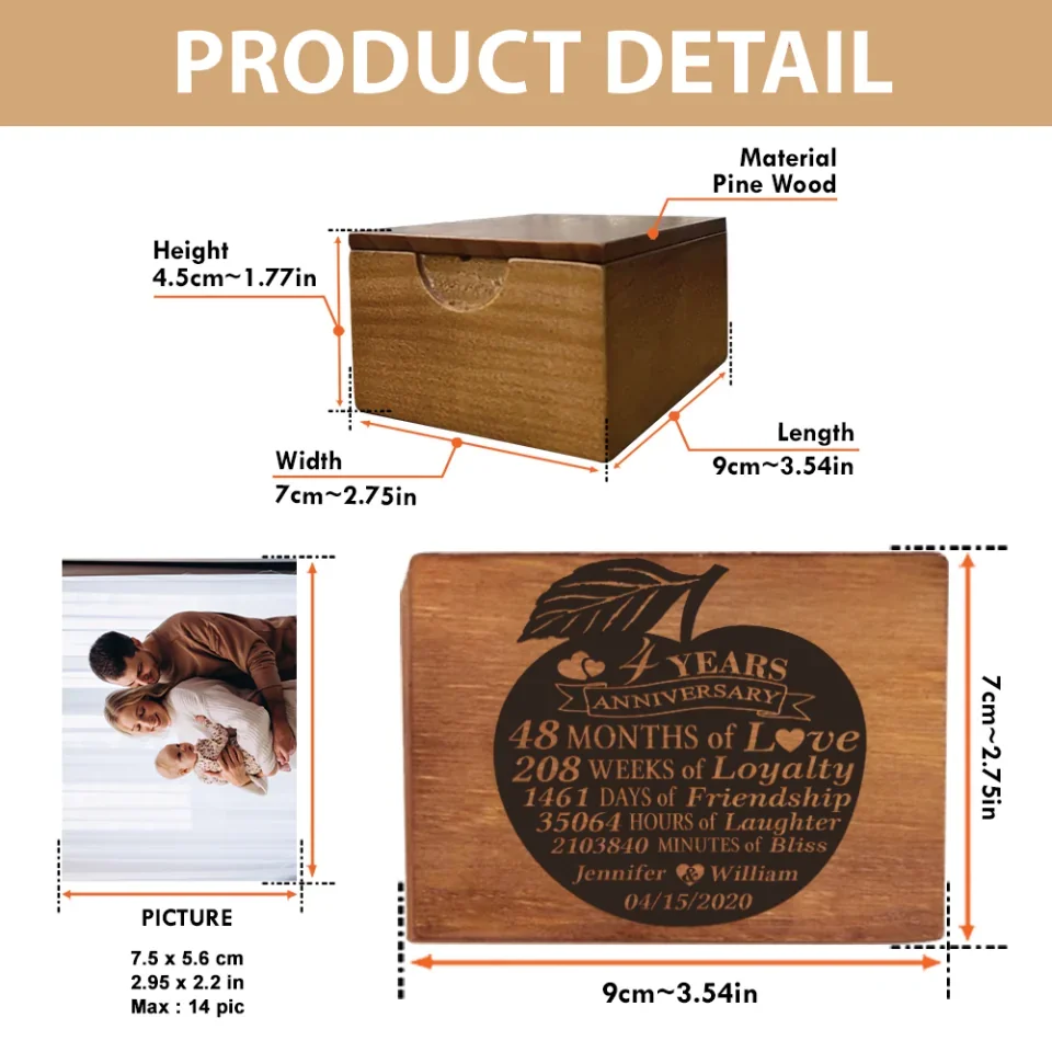 4 Years Anniversary Wedding Anniversary - Wooden Photo Box - Anniversary Gift For Couples Husband And Wife - Image 3
