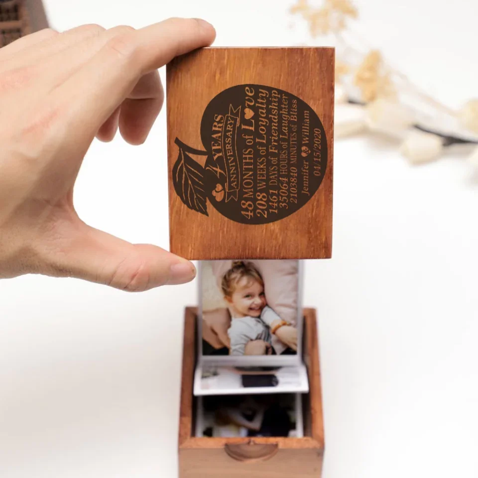 4 Years Anniversary Wedding Anniversary - Wooden Photo Box - Anniversary Gift For Couples Husband And Wife - Image 4