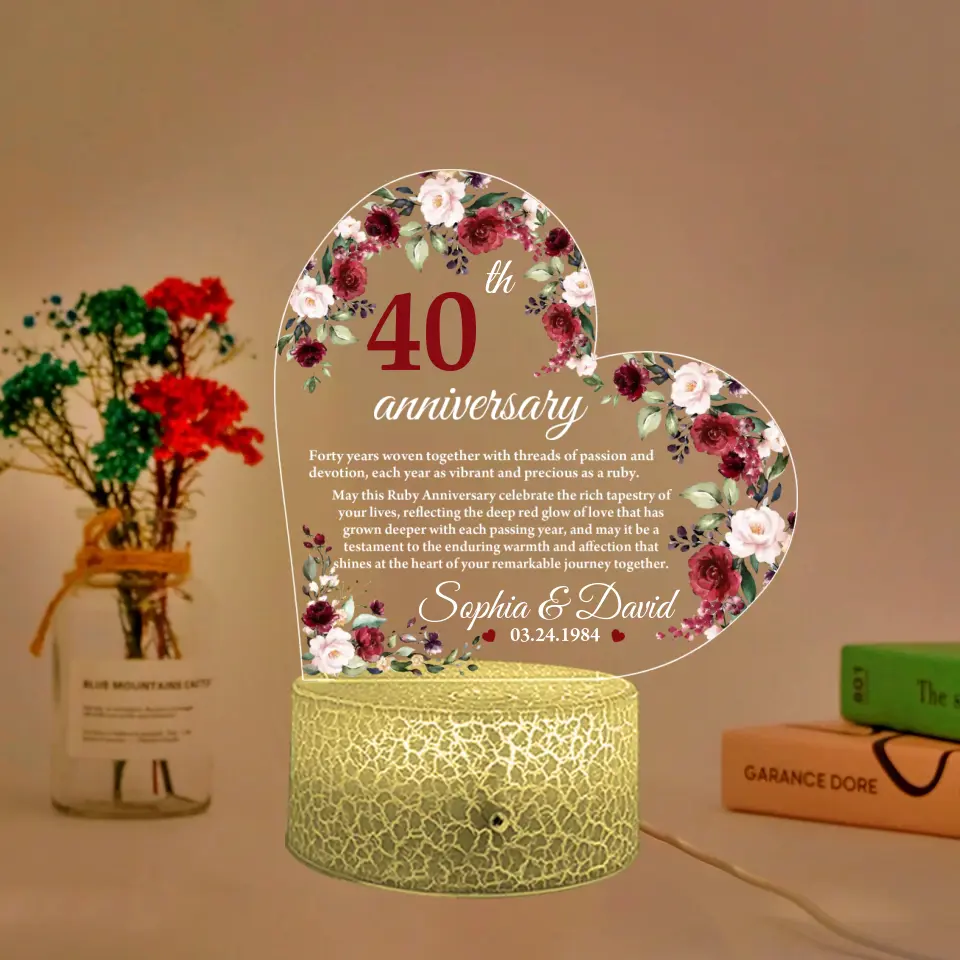 40th Anniversary Gift for Husband Wife Floral Led Light Ruby Anniversary Keepsake - Image 2