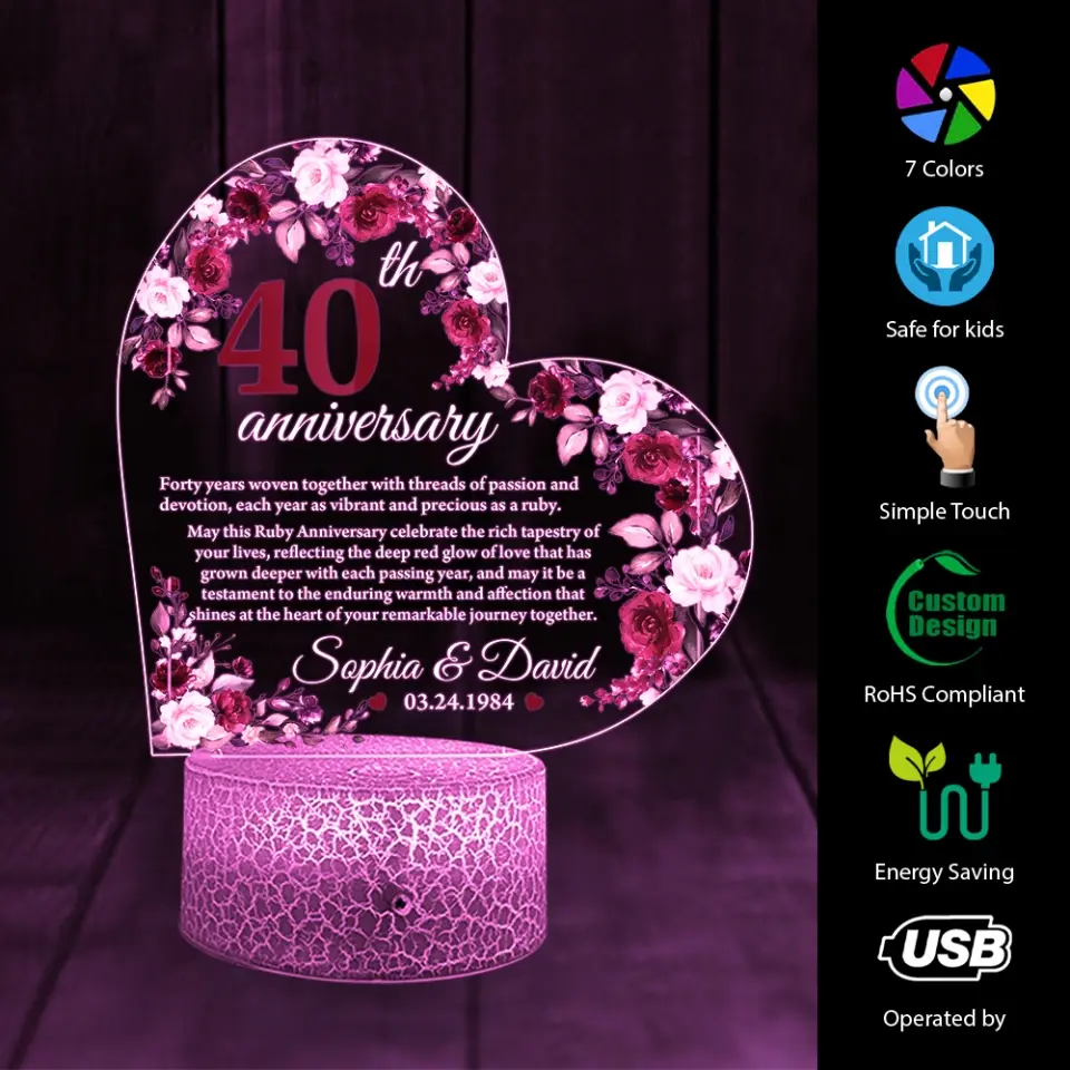 40th Anniversary Gift for Husband Wife Floral Led Light Ruby Anniversary Keepsake - Image 3