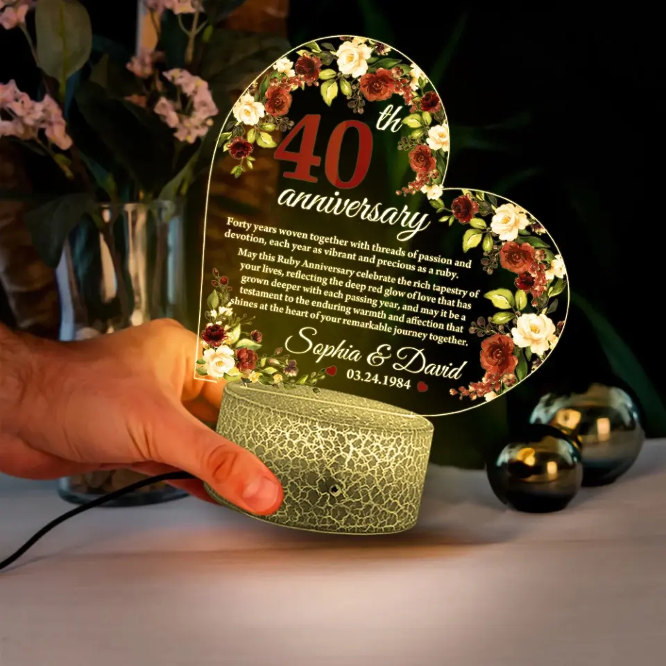 40th Anniversary Gift for Husband Wife Floral Led Light Ruby Anniversary Keepsake - Image 5