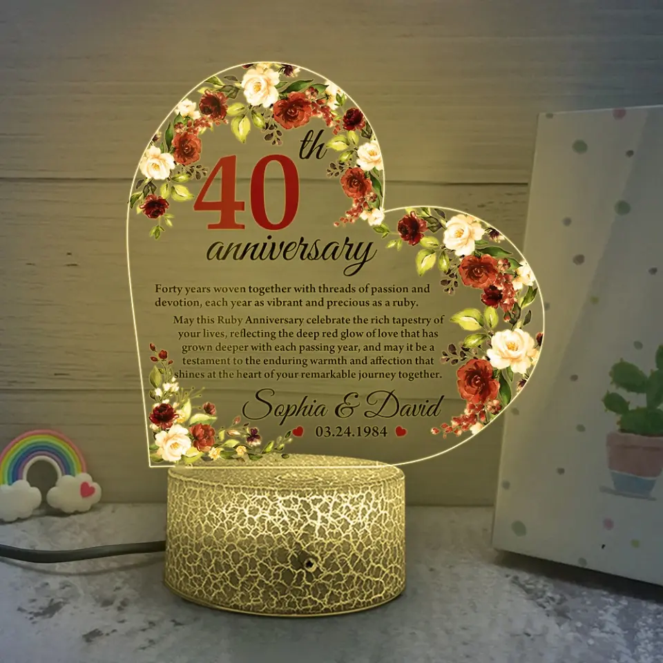 40th Anniversary Gift for Husband Wife Floral Led Light Ruby Anniversary Keepsake - Image 6