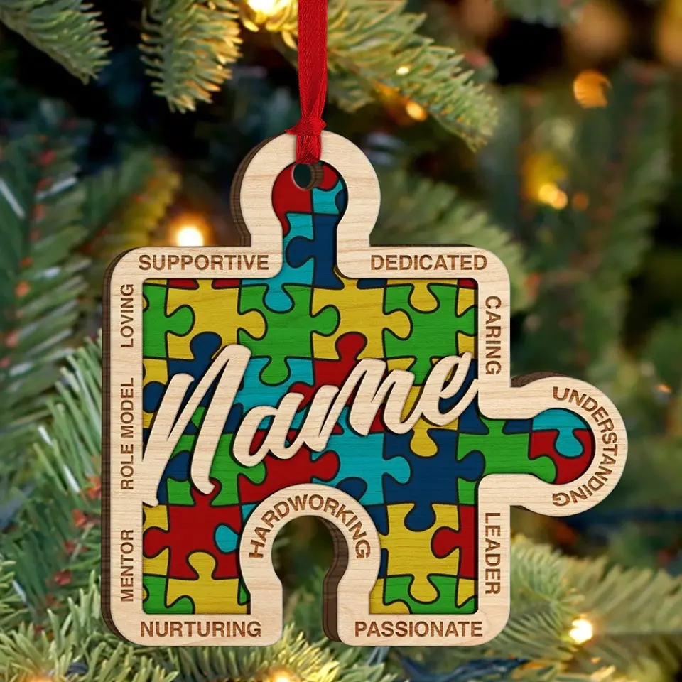 Autism Puzzle Piece, Supportive Dedicated - Personalized Christmas Ornament - Image 3