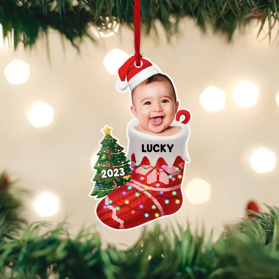 Baby In The Christmas Sock - Personalized Photo Acrylic Ornament - Christmas Gift for Newborn Baby, for New Parents - Image 5