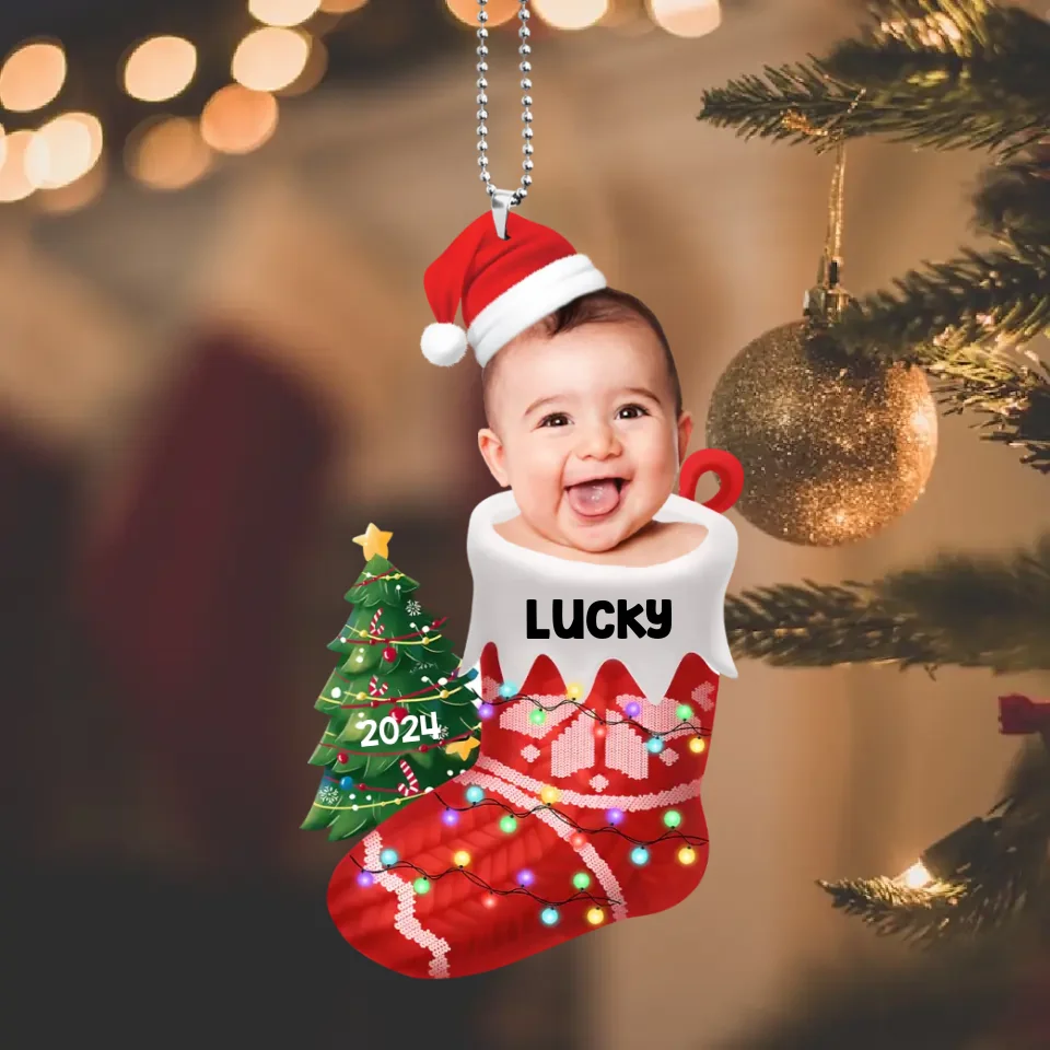 Baby In The Christmas Sock - Personalized Photo Acrylic Ornament - Christmas Gift for Newborn Baby, for New Parents - Image 7