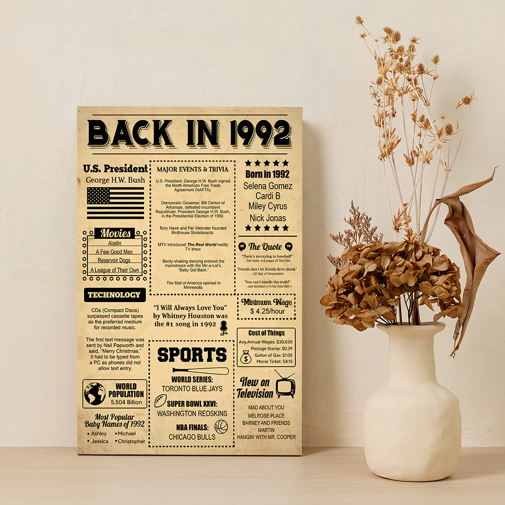 Back In 1992 Newspaper Canvas Poster Birthday Gift - Image 2