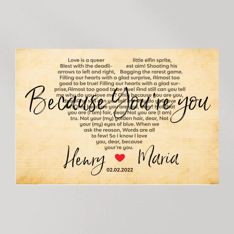 Because You're You Favorite Song Lyrics Custom Canvas Poster Anniversary Gift For Wife For Husband