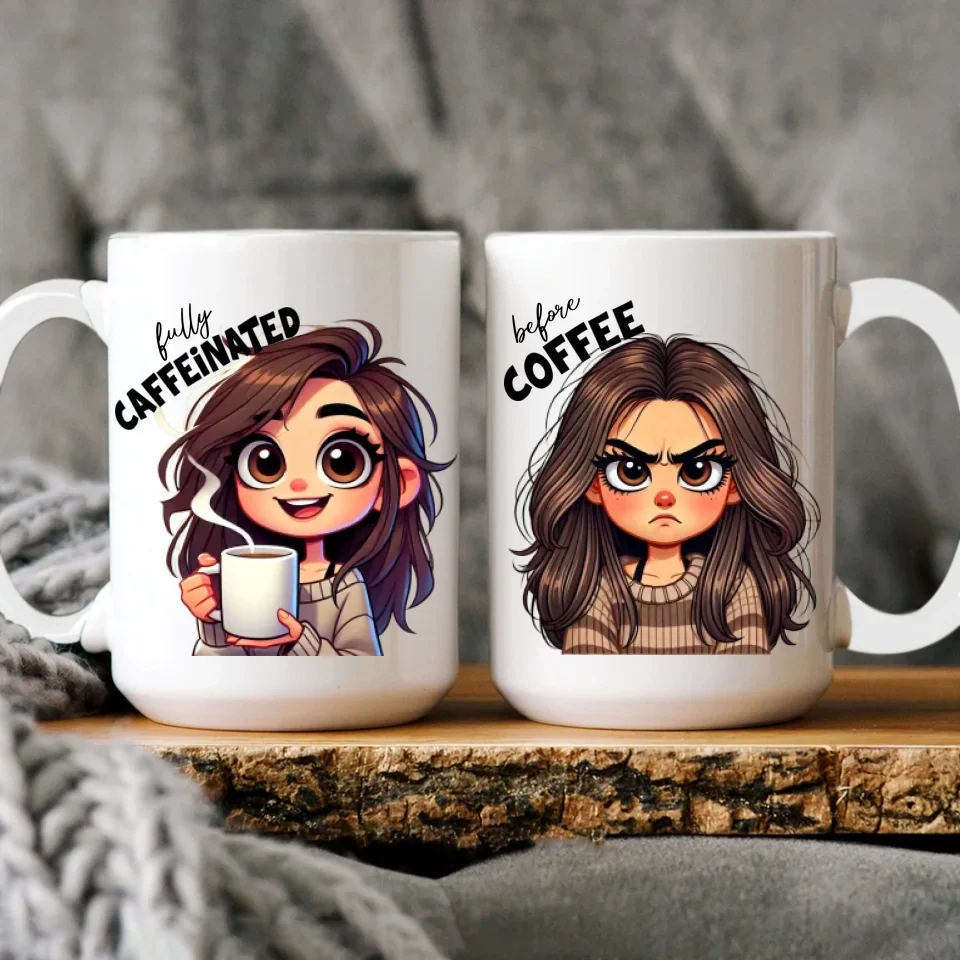 Before Coffee & Fully Caffeinated - Cute Girl Cartoon Style - Funny Coffee Mug - Gift for Coffee Lovers, Coffeeholic - Image 10