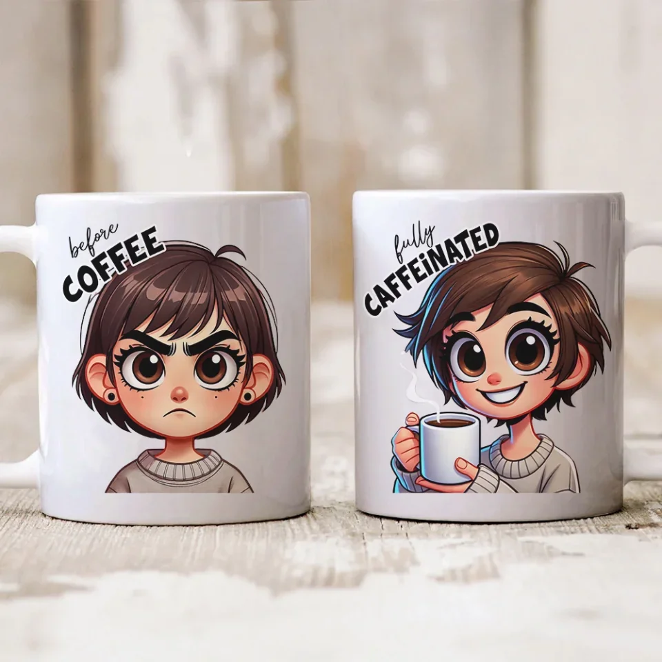 Before Coffee & Fully Caffeinated - Cute Girl Cartoon Style - Funny Coffee Mug - Gift for Coffee Lovers, Coffeeholic - Image 4