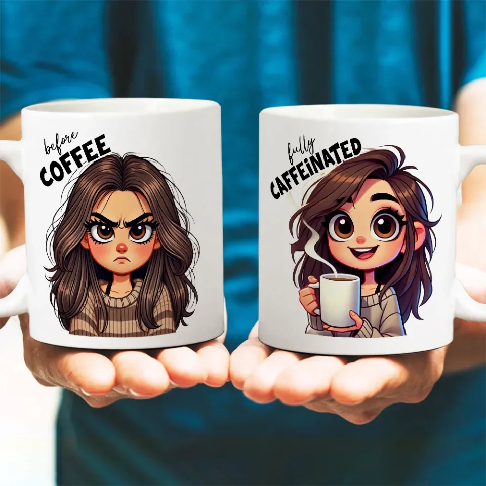 Before Coffee & Fully Caffeinated - Cute Girl Cartoon Style - Funny Coffee Mug - Gift for Coffee Lovers, Coffeeholic - Image 5