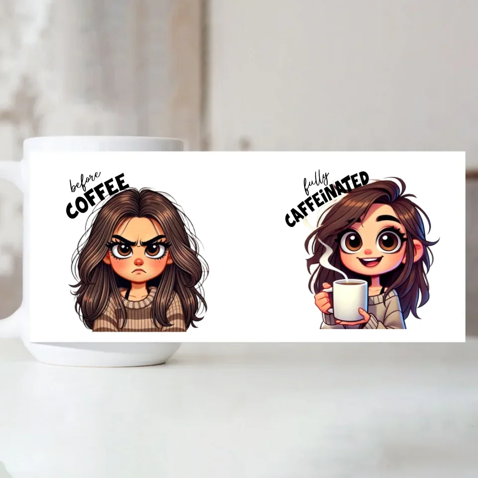 Before Coffee & Fully Caffeinated - Cute Girl Cartoon Style - Funny Coffee Mug - Gift for Coffee Lovers, Coffeeholic - Image 6
