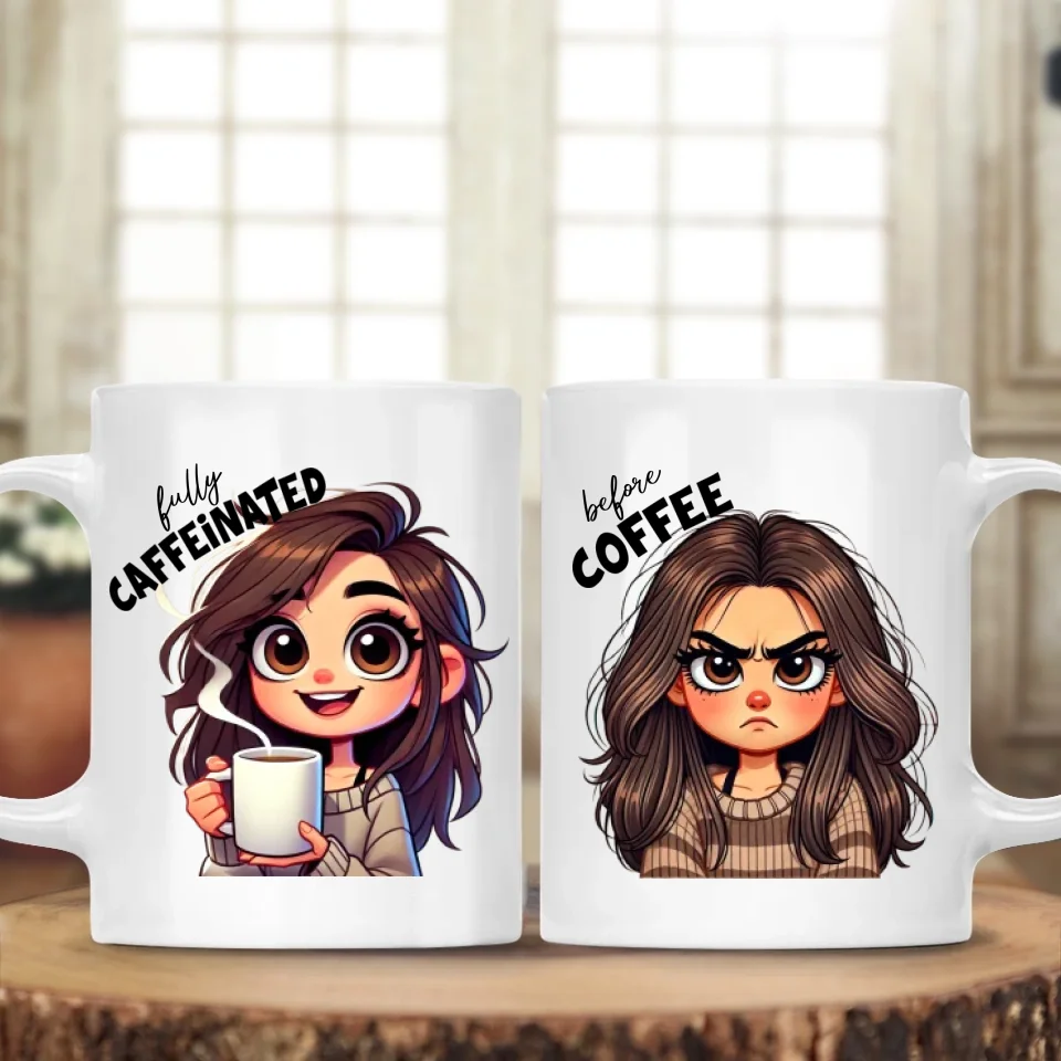 Before Coffee & Fully Caffeinated - Cute Girl Cartoon Style - Funny Coffee Mug - Gift for Coffee Lovers, Coffeeholic - Image 9