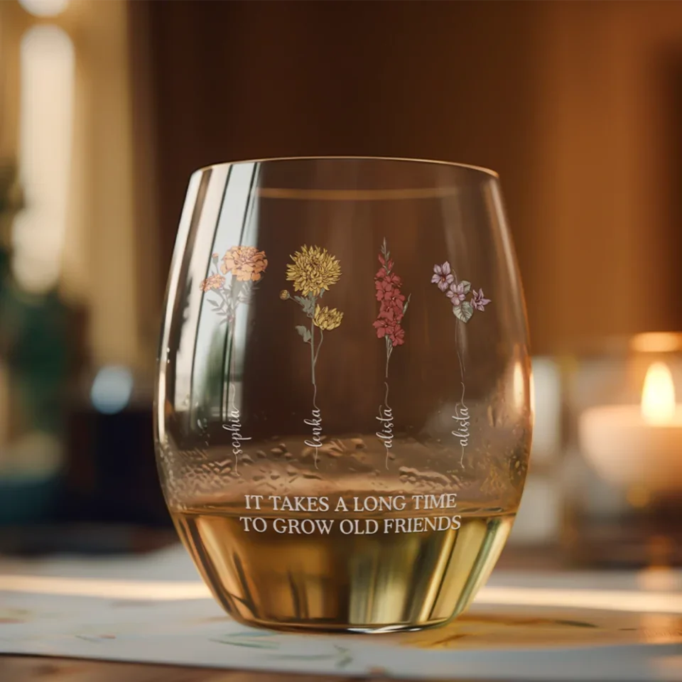 Birth Flower Grow An Old Friend Bestie - Personalized Stemless Wine Glass - Gift For Friends - Image 6