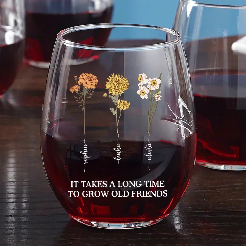 Birth Flower Grow An Old Friend Bestie - Personalized Stemless Wine Glass - Gift For Friends - Image 7