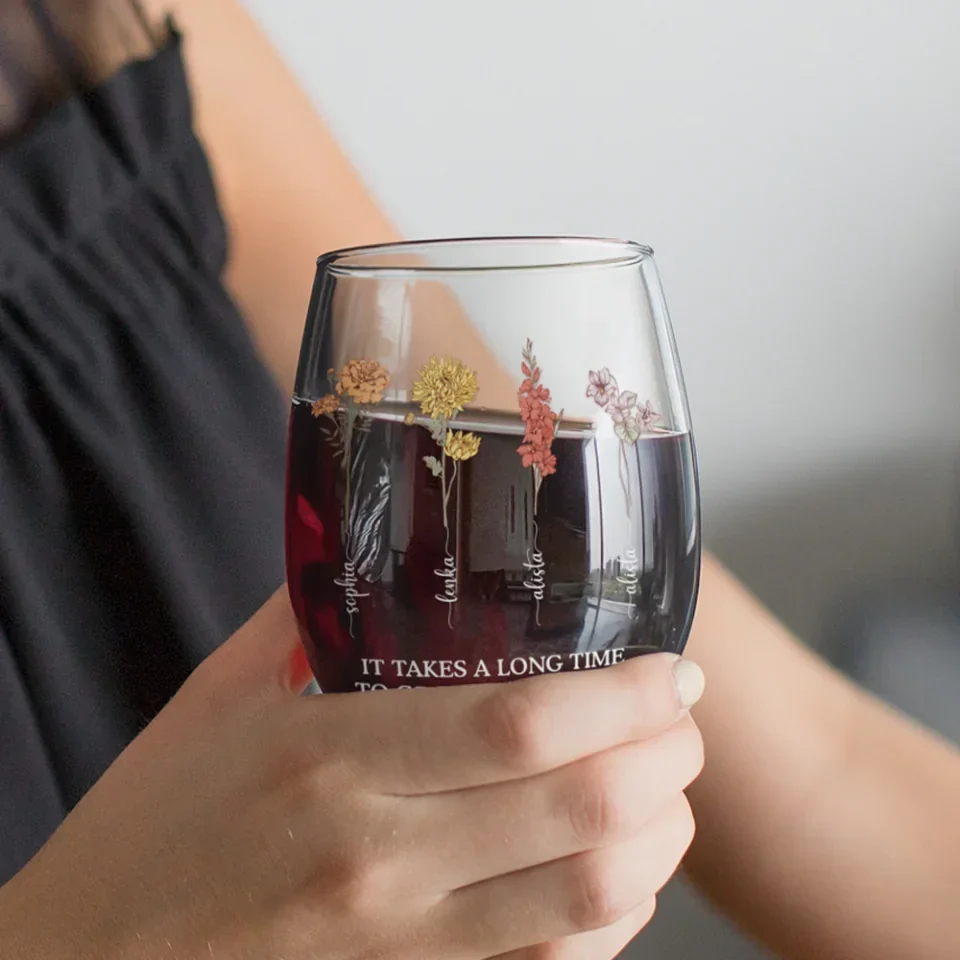 Birth Flower Grow An Old Friend Bestie - Personalized Stemless Wine Glass - Gift For Friends - Image 8