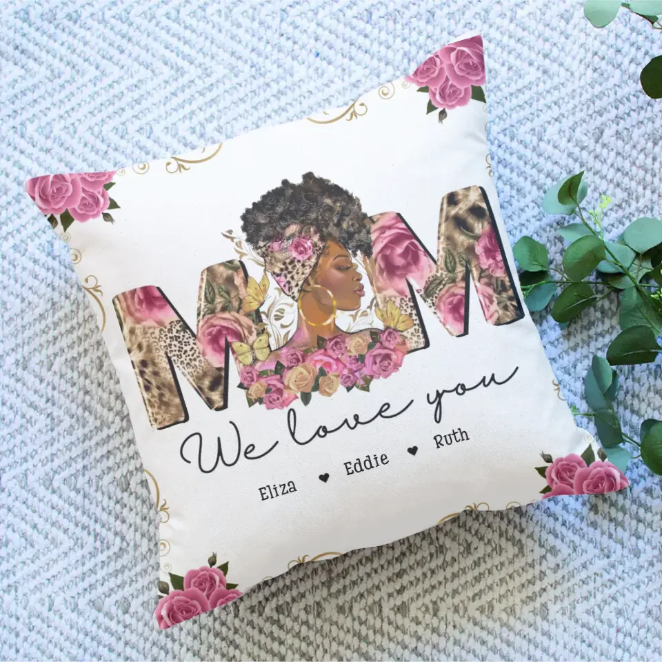 Black Mom Gift from Kids Square Pillow Personalized Names Floral Style - Image 2