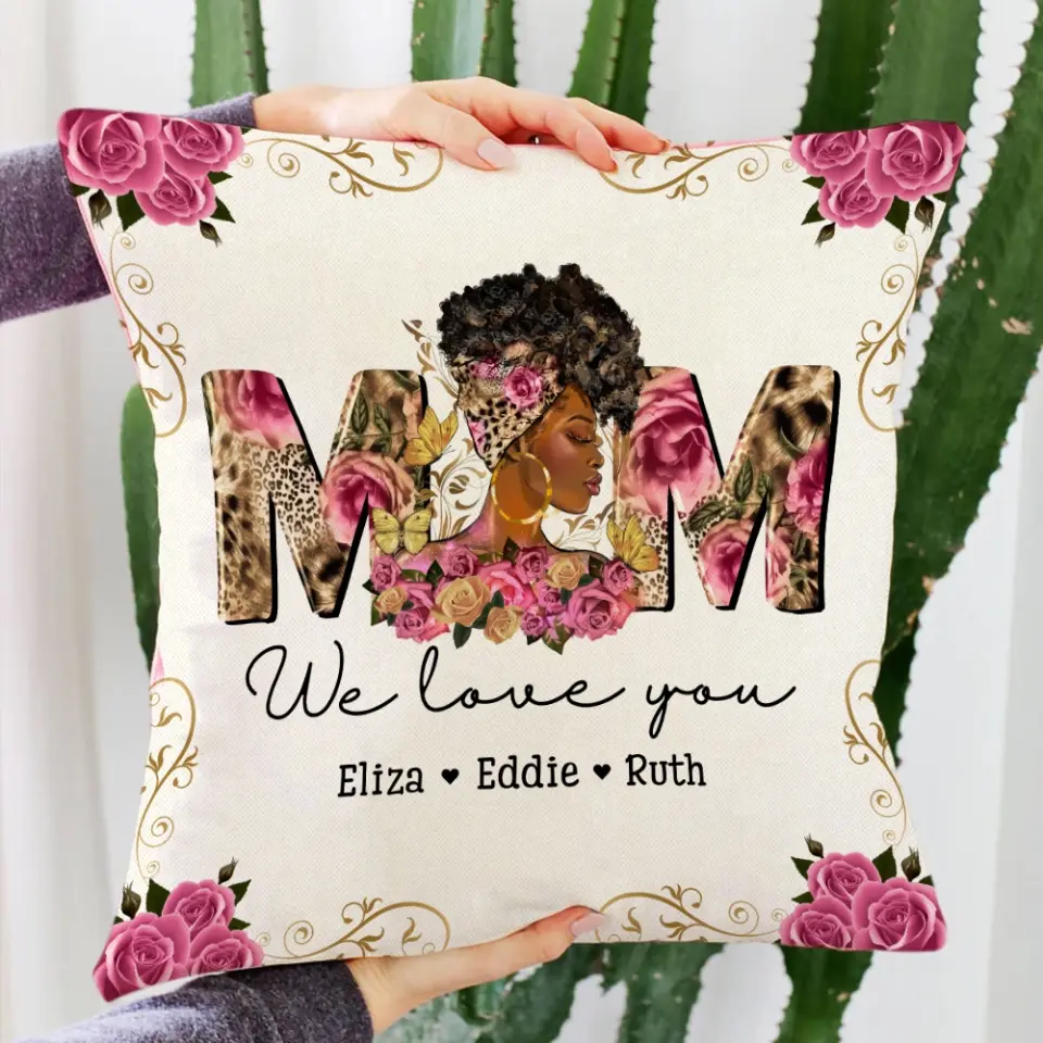 Black Mom Gift from Kids Square Pillow Personalized Names Floral Style - Image 3