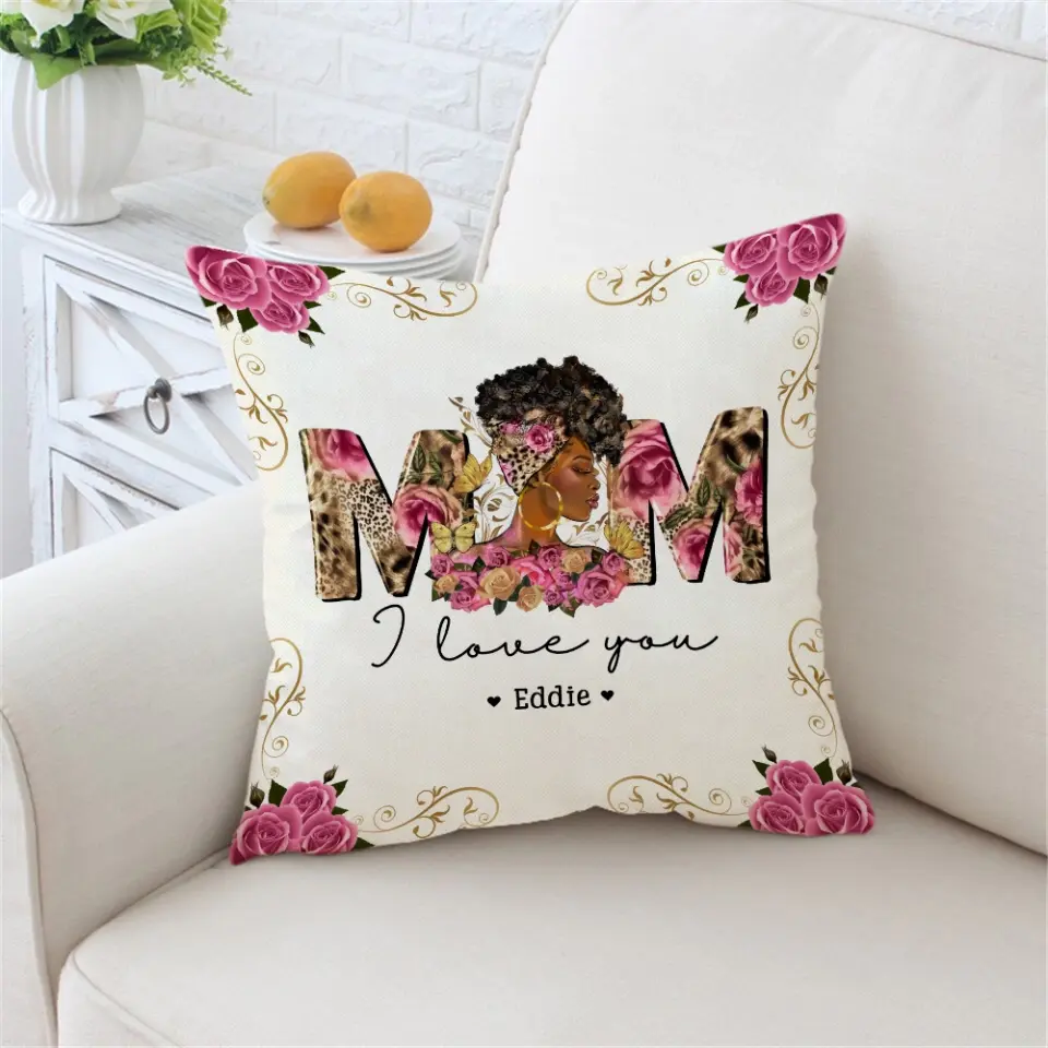 Black Mom Gift from Kids Square Pillow Personalized Names Floral Style - Image 4