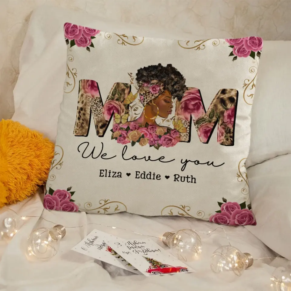 Black Mom Gift from Kids Square Pillow Personalized Names Floral Style - Image 7