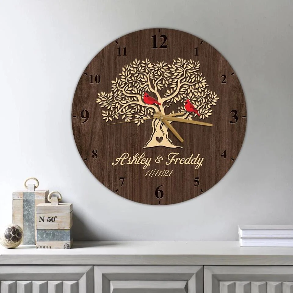 Cardinals On The Tree - Personalized Wooden Wall Clock - Anniversary Gift For Parents/ For Mom, For Her - 210IHNBNWC708 - Image 6