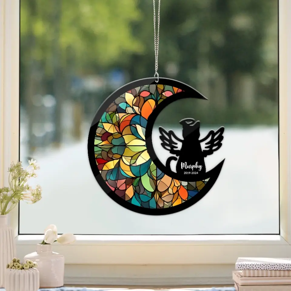 Cat Memorial Gift - Personalized Acrylic Hanging Decor - Cat with Angel Wings - Cat Loss Suncatcher Keepsake - Image 4