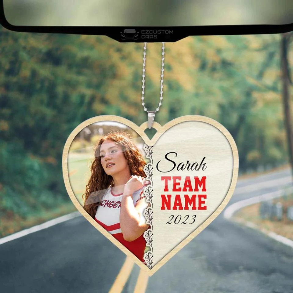Cheerleader Photo and Name - Heart-shaped Ornament - Car Ornament - Custom Name & Team Name - Personalized Photo - Birthday Gift for Cheerleader - Graduation Keepsake - for BFF - 303ICNTLOR442 - Image 4