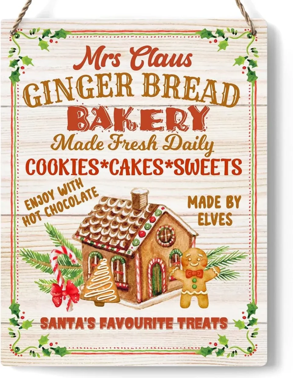 Christmas Gingerbread Bakery Sign - Winter Decoration - Rustic Hanging Plaque - Wall Decor for Farmhouse Home Kitchen