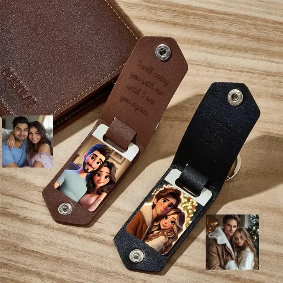 Custom Leather Cartoon Animation Picture Keychain - Personalized Leather Photo Keychain - Engraved & Print - Gift for Couples, Family, Friends
