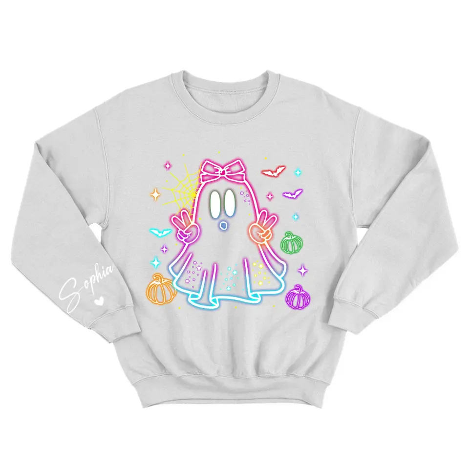 Cute Colorful Neon Boo - Personalized Name Sleeve Printed Sweatshirt - Halloween Costume for Friends, Twins, Family - Image 2