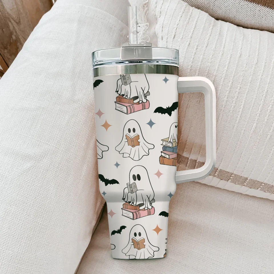Cute Ghost Reading Books - 40oz Tumbler with Handle - Gift For Halloween - for Book Lovers, Book Nerd, Bookaholic - Image 3
