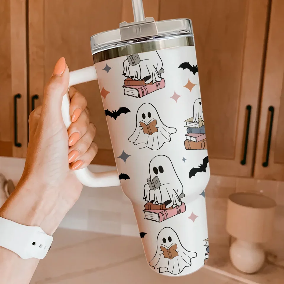 Cute Ghost Reading Books - 40oz Tumbler with Handle - Gift For Halloween - for Book Lovers, Book Nerd, Bookaholic - Image 4