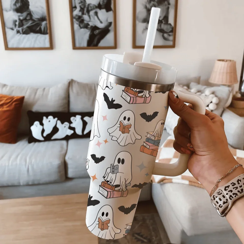 Cute Ghost Reading Books - 40oz Tumbler with Handle - Gift For Halloween - for Book Lovers, Book Nerd, Bookaholic - Image 6