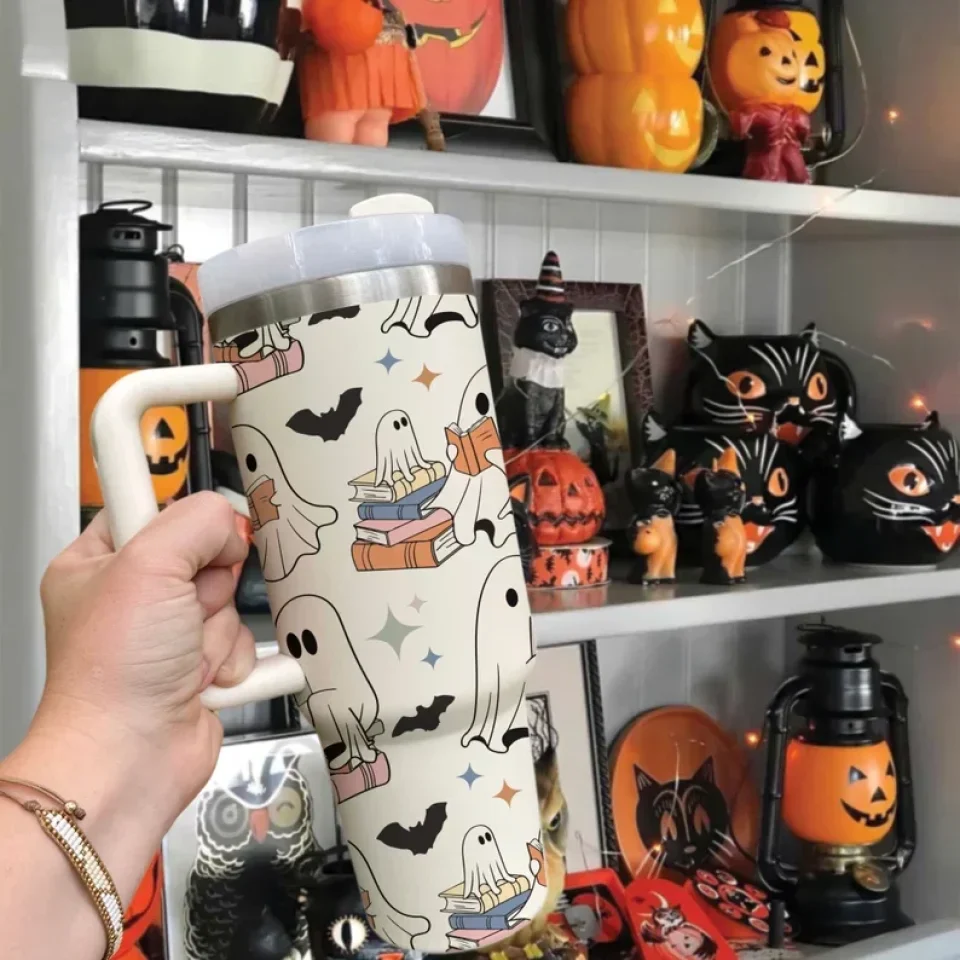 Cute Ghost Reading Books - 40oz Tumbler with Handle - Gift For Halloween - for Book Lovers, Book Nerd, Bookaholic - Image 7