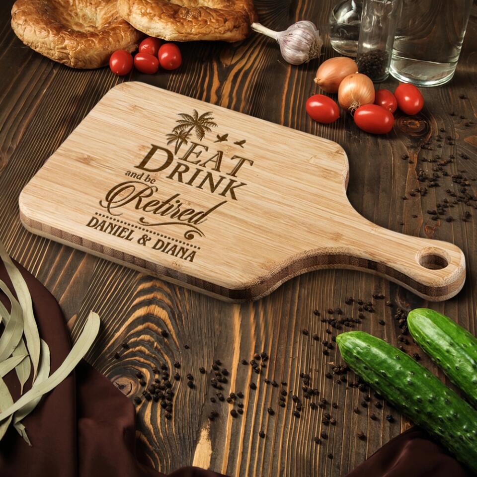 Eat Drink and be Retired, Personalized Name Wooden Cutting Board with Handle, Retirement Gift for Coworkers - Image 7