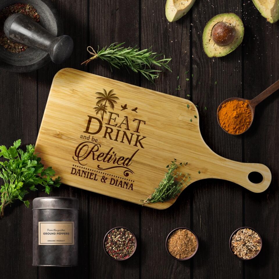 Eat Drink and be Retired, Personalized Name Wooden Cutting Board with Handle, Retirement Gift for Coworkers - Image 8