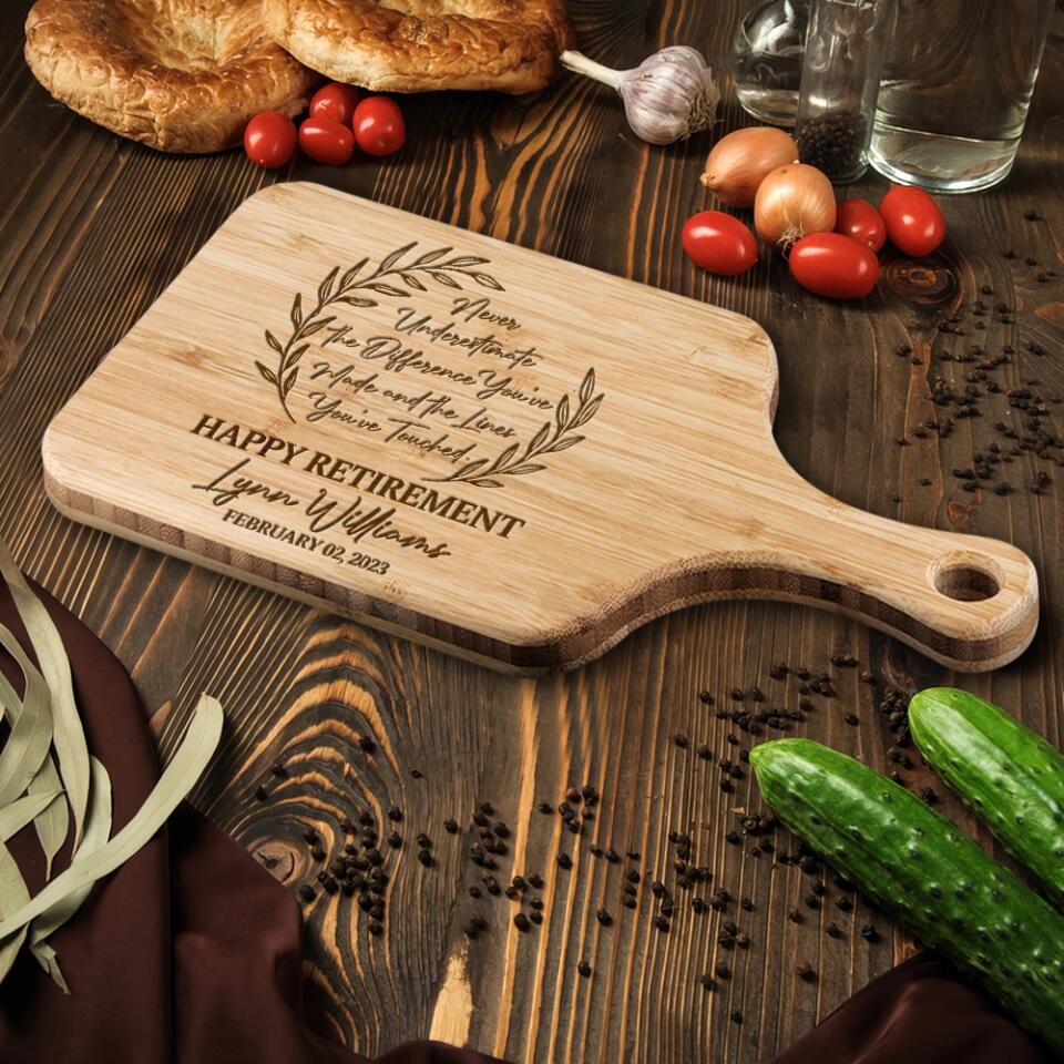 Eat Drink and be Retired, Personalized Name Wooden Cutting Board with Handle, Retirement Gift for Coworkers - Image 9