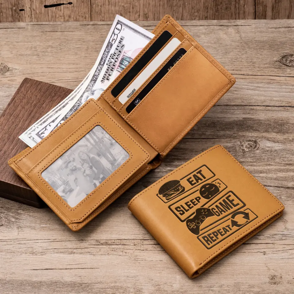 Eat Sleep Game Repeat Personalized Engraved Leather Wallet