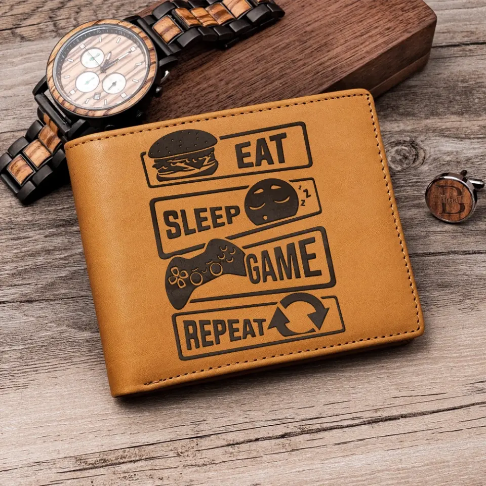 Eat Sleep Game Repeat Personalized Engraved Leather Wallet - Image 10