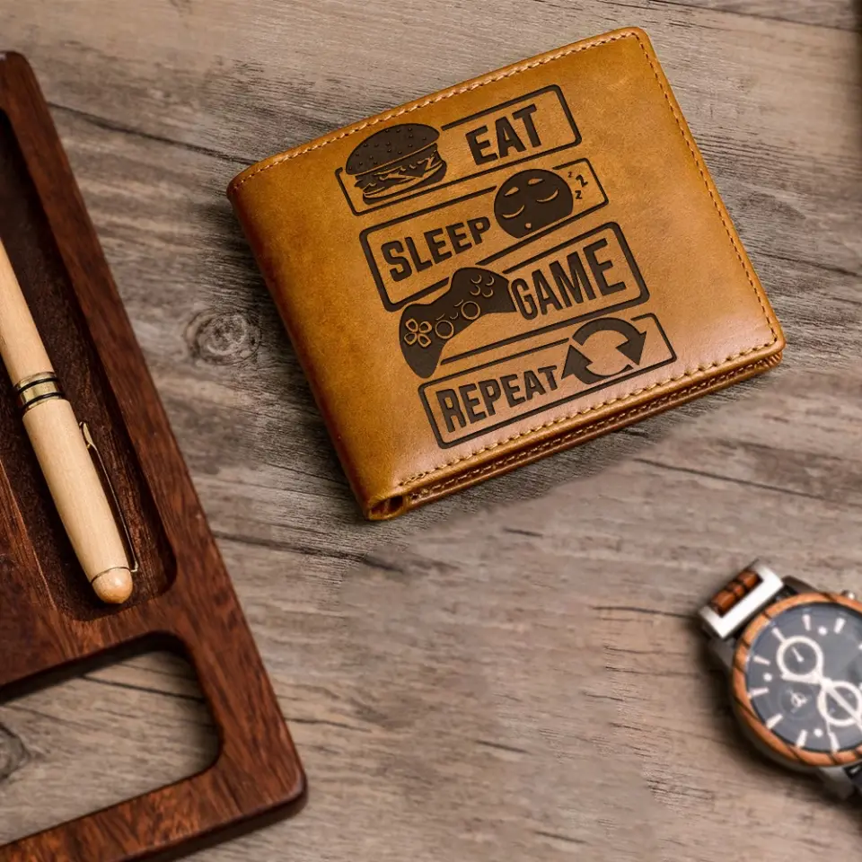 Eat Sleep Game Repeat Personalized Engraved Leather Wallet - Image 11