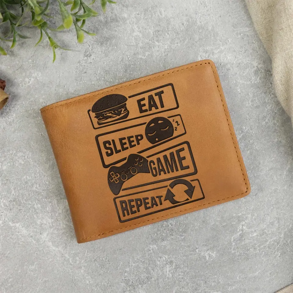 Eat Sleep Game Repeat Personalized Engraved Leather Wallet - Image 4