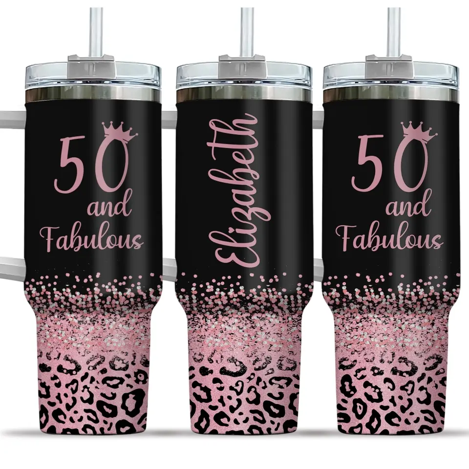 Fifty & Fabulous - 50th Birthday Gift for Women, Mom - 40oz Tumbler with Handle - Tumbler Cup Gifts - Image 3