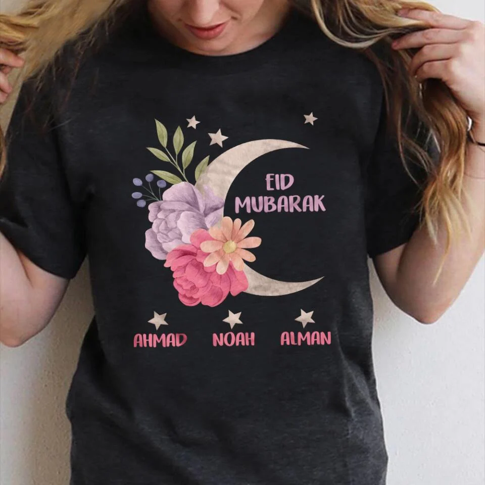 Floral and Moon Eid Mubarak Shirt - Custom Mom Eid Gifts - Eid T-shirt - Personalised Names/Nicknames - Ramadan Mubarak -  Grandma Nana Auntie Eid Gift - Shirt for Women - 304ICNNPTS476 - Image 3