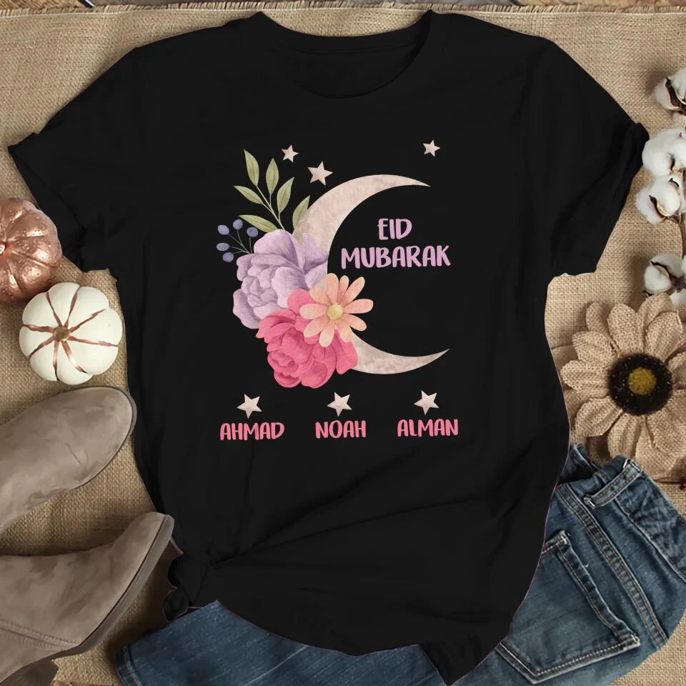 Floral and Moon Eid Mubarak Shirt - Custom Mom Eid Gifts - Eid T-shirt - Personalised Names/Nicknames - Ramadan Mubarak -  Grandma Nana Auntie Eid Gift - Shirt for Women - 304ICNNPTS476 - Image 5