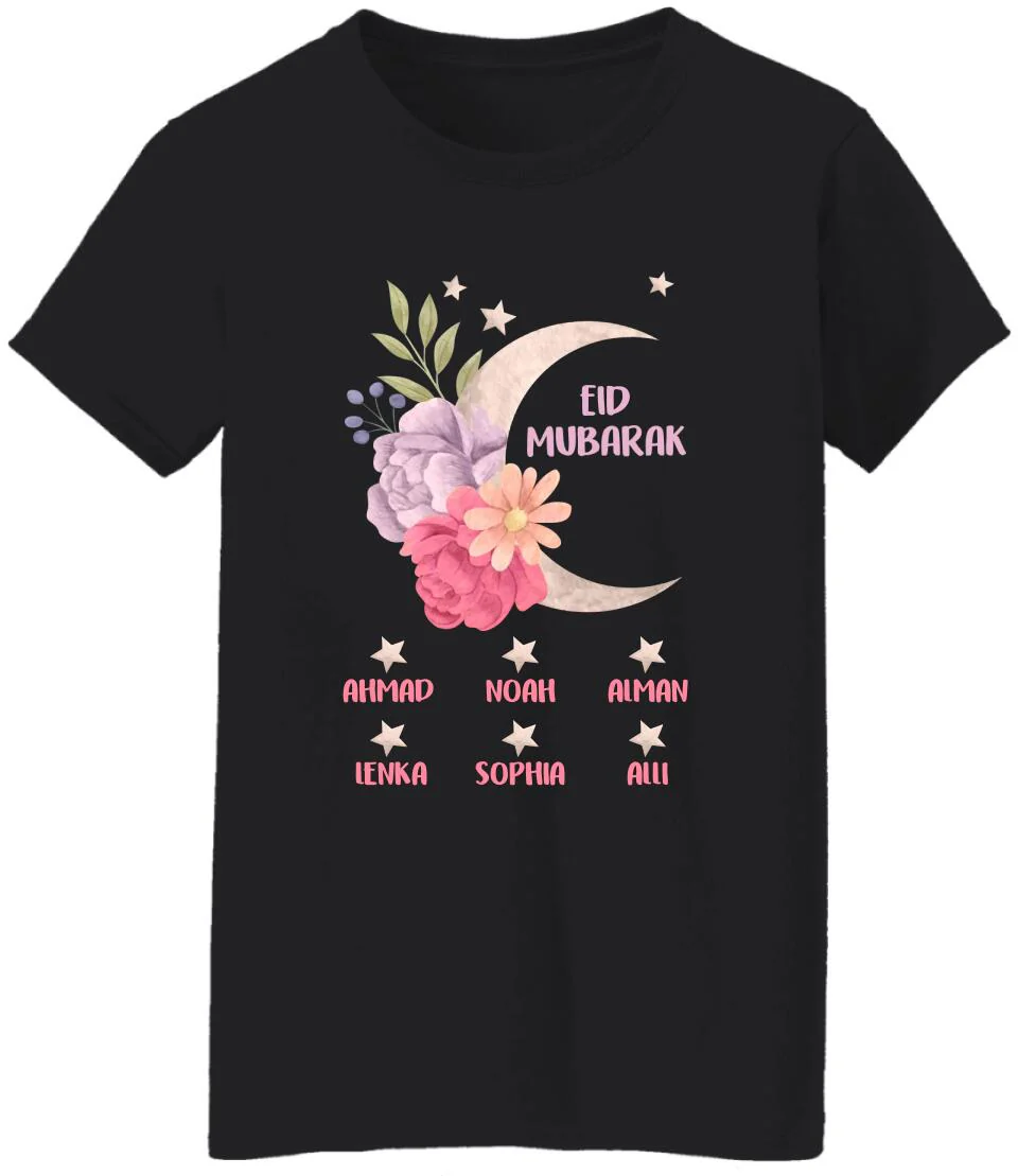 Floral and Moon Eid Mubarak Shirt - Custom Mom Eid Gifts - Eid T-shirt - Personalised Names/Nicknames - Ramadan Mubarak -  Grandma Nana Auntie Eid Gift - Shirt for Women - 304ICNNPTS476 - Image 6