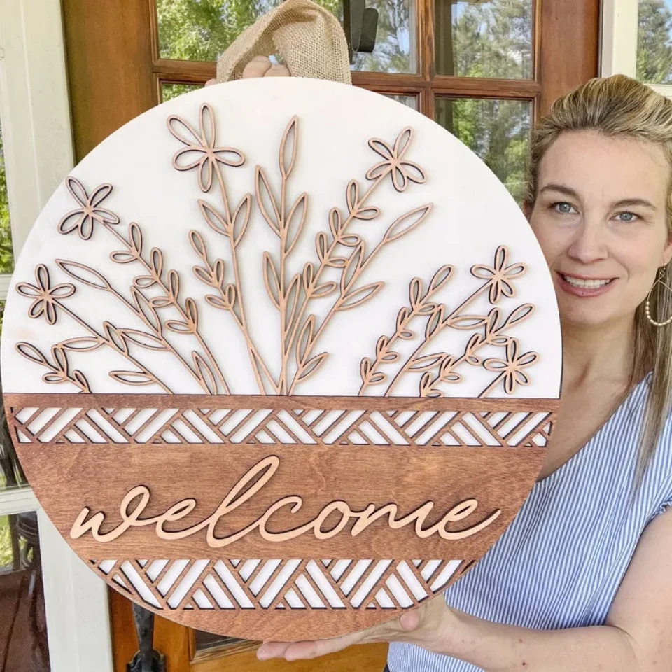 Floral Welcome Door Decorations - 2 Layers Wooden Sign - Gift For Welcome Decorations - Image 3