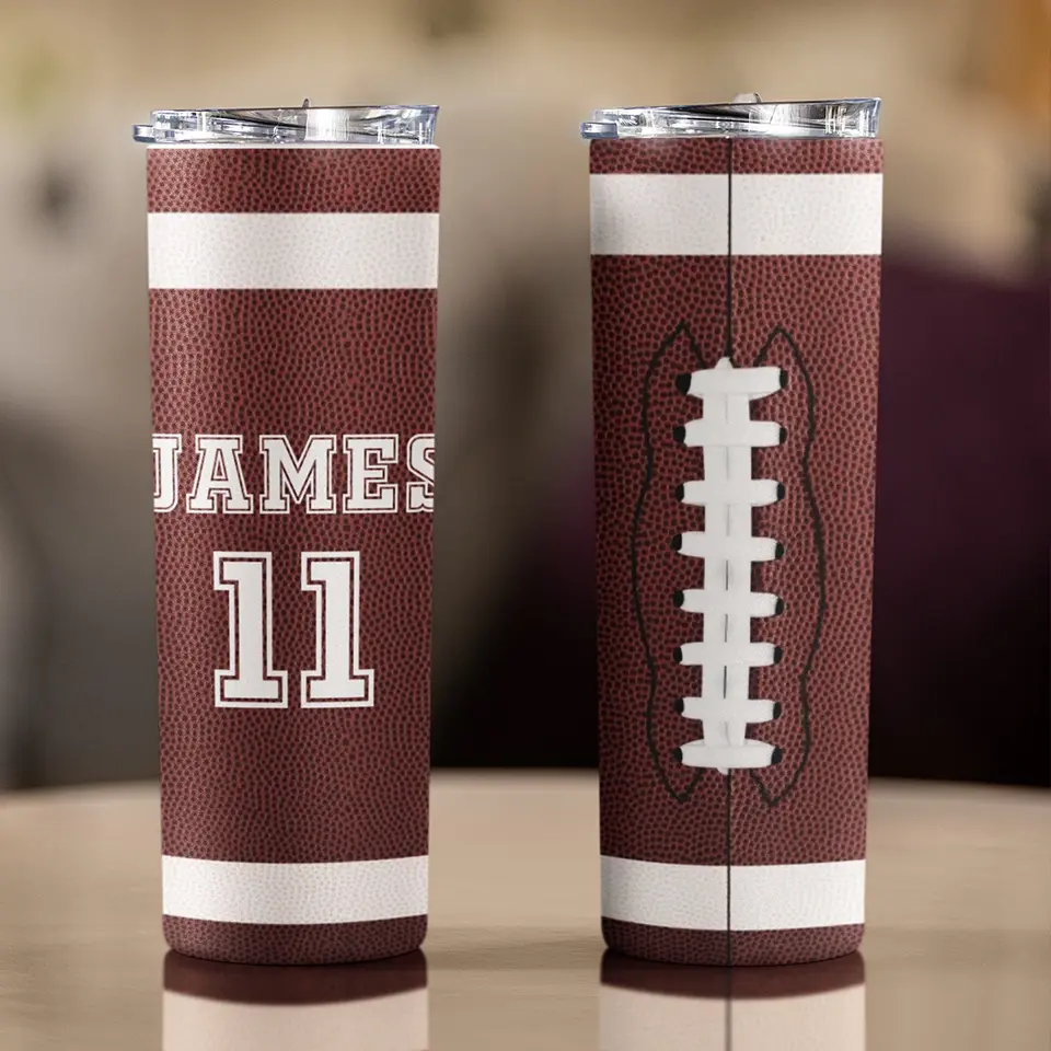 Football Tumbler with Your Name and Number for the Win - Personalized Skinny Tumbler - Image 4