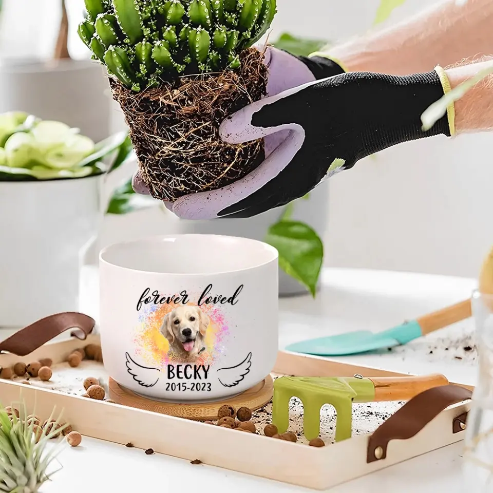 Forever Loved Dog Cat Memorial Ceramic Plant Pot With Wooden Base - Image 4