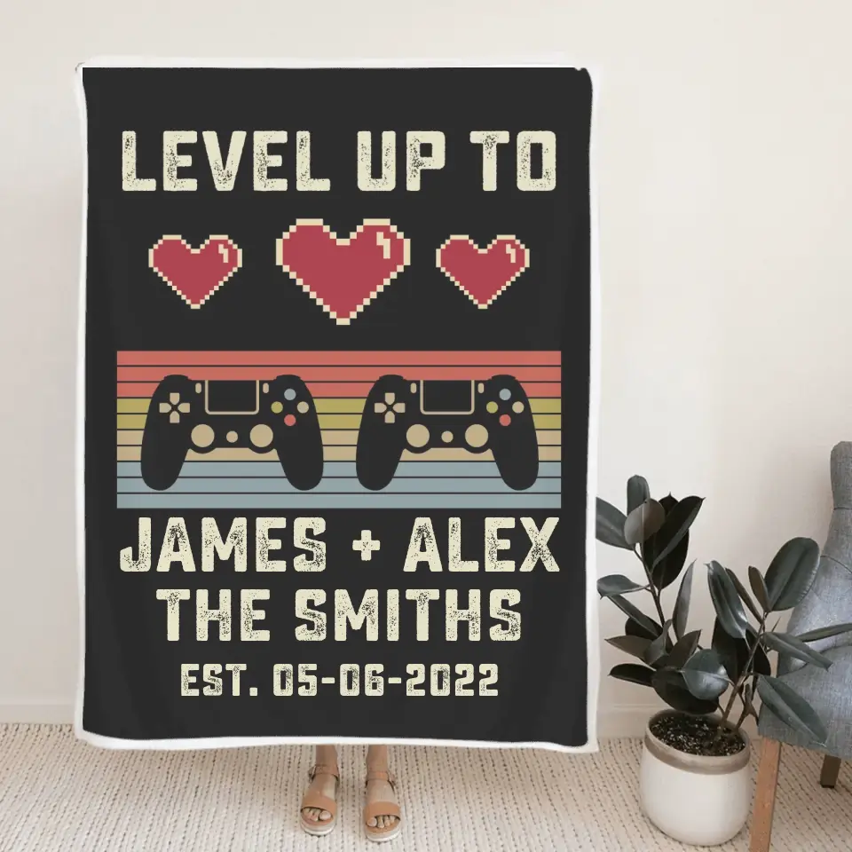 Gaming Couple Level Up to Husband & Wife - Personalized Name & Date - Fleece Blanket - Wedding, Anniversary Gift for Her, Him - Image 4